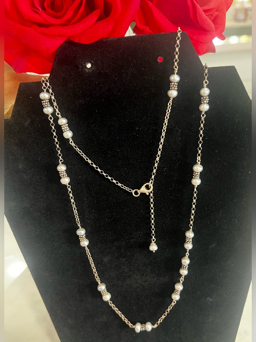 Vintage 925 Sterling Silver Rolo Chain Gray Freshwater Pearl Station Necklace